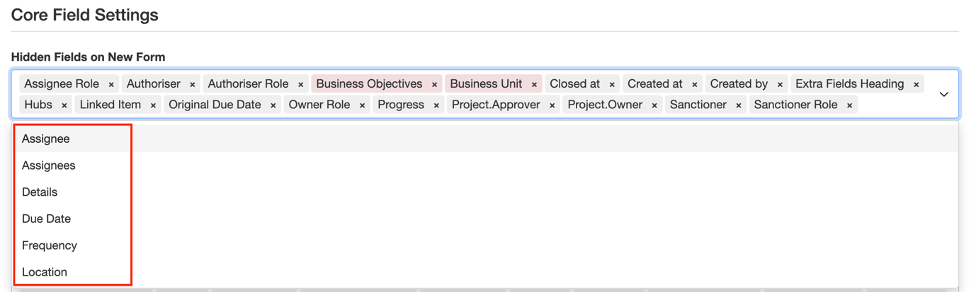 Dropdown showing visible fields