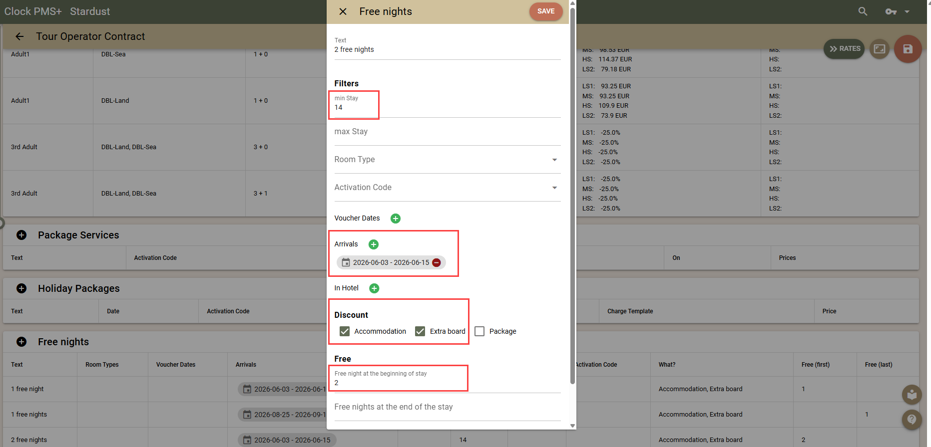 Configuration pour 2 nuits gratuites - début du séjour