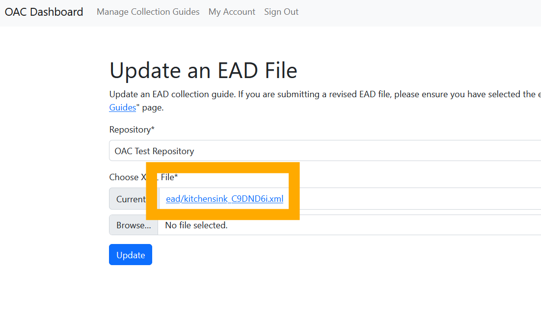 Screenshot of OAC Dashboard "Update an EAD File" page