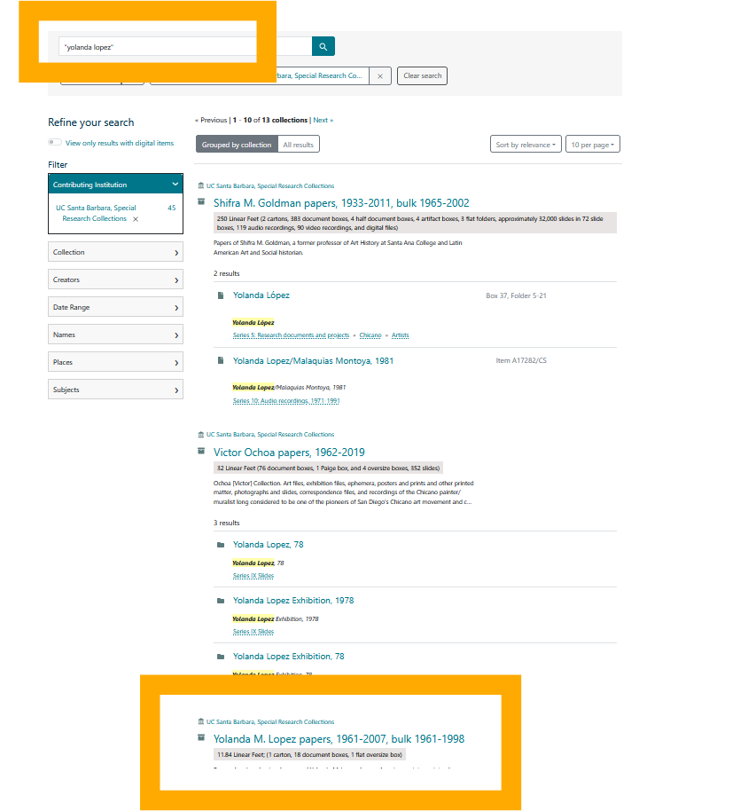 Screenshot of OAC search results for "Yolanda Lopez", limited to collections stewarded by UC Santa Barbara Library