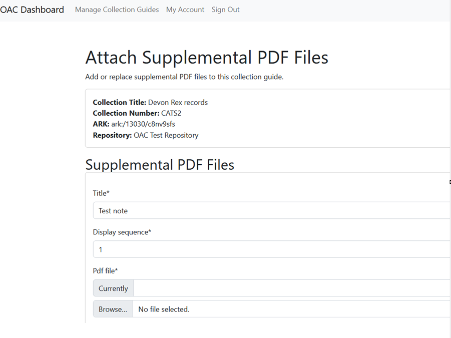 Screenshot of OAC Dashboard page, with option for attaching supplemental PDF to collection-level record