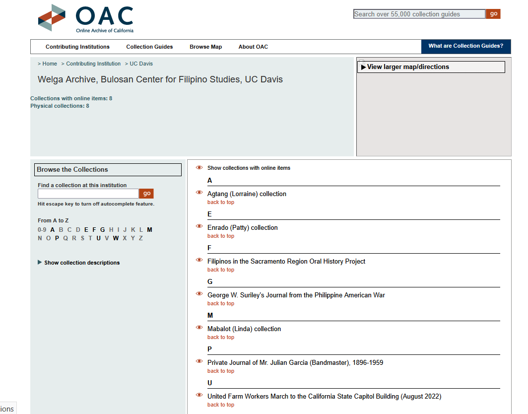 Screenshot of previous OAC finding aid browse list