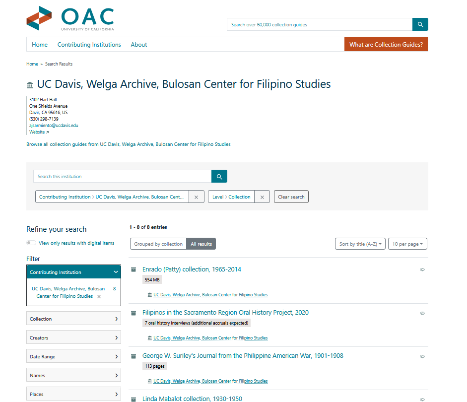 Screenshot of new OAC finding aid browse list