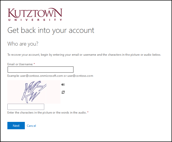 The Microsoft Self Service Password Reset tool, prompting for a username. 