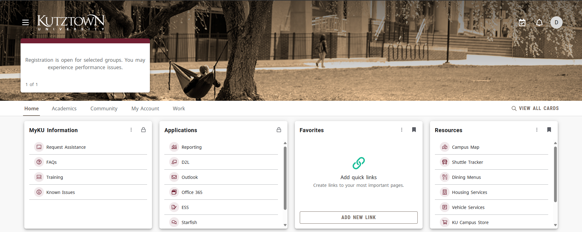 The MyKU homepage, showing tiles with Information, Applications, Favorites, and Resources.