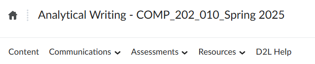 An example of a course's top navigation menu, showing Content, Communications, Assessments, and Resources. 