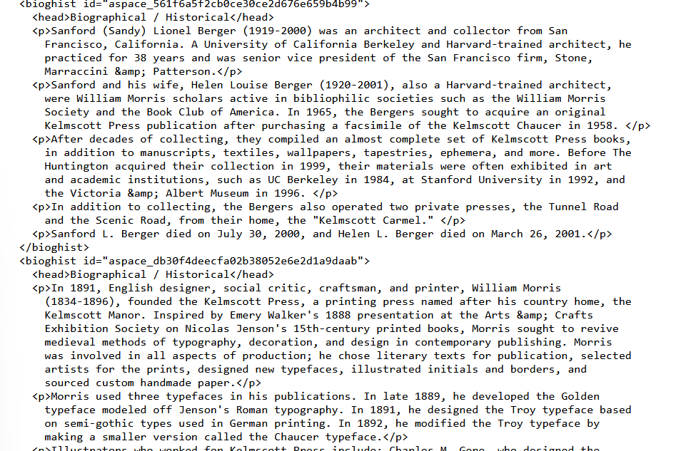 Screenshot of EAD encoding, showing multiple bioghist notes