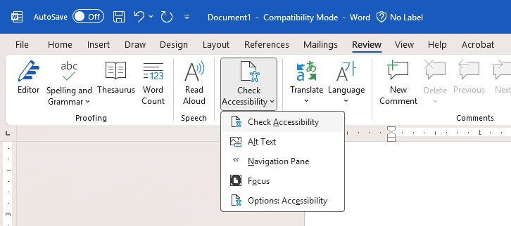 A screenshot of the Review ribbon in Microsoft Word. The Check Accessibility button is pressed, offering further options.