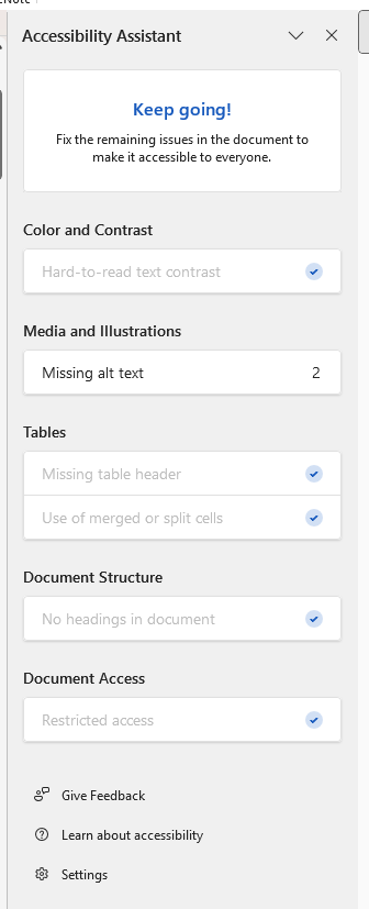 A screenshot of the Accessibility Assistant panel in Microsoft Word.