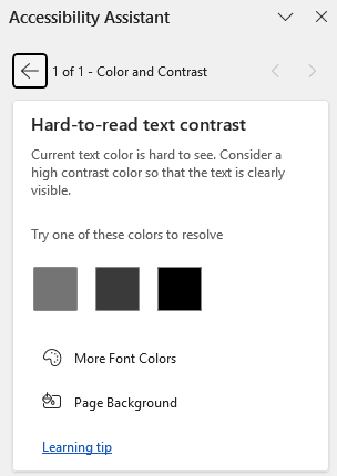 A screenshot of the Accessibility Assistant reporting an issue with text contrast. Several colors are suggested to replace the problematic color in the document.