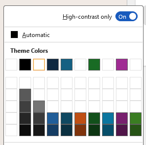 A screenshot of the text contrast color picker. A slider at the top limits selections to colors with high contrast ratios.
