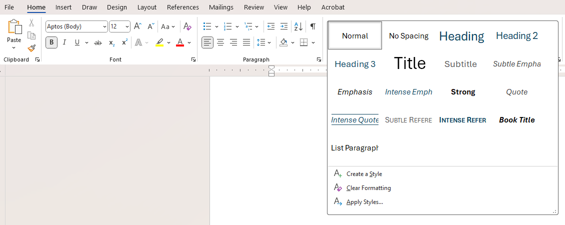 A screenshot of the Home ribbon, displaying the available styles. Several of the styles are labeled as Headings. 