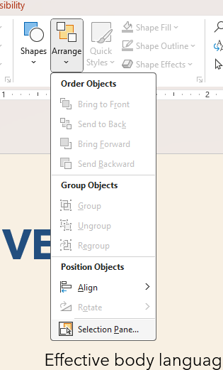A screenshot of the Arrange menu in PowerPoint. Selection Pane is at the bottom of the list.