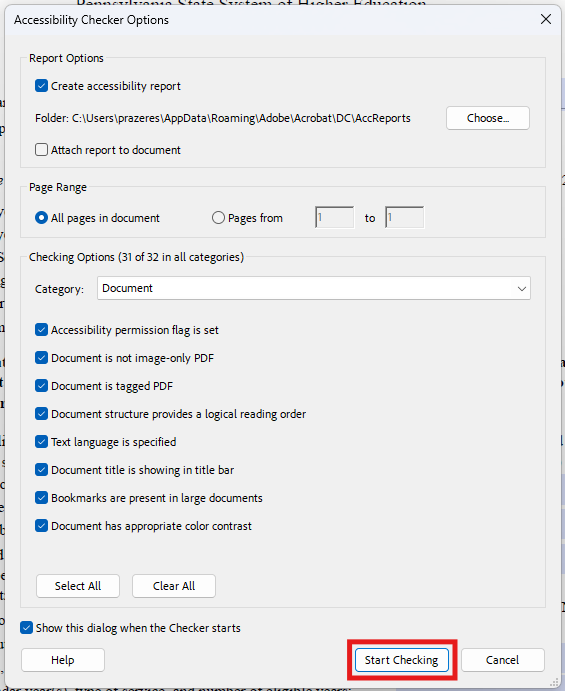 Accessibility Checker Options pop-up window with "Start Checking" button highlighted