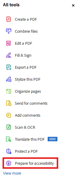 Tools sidebar with "Prepare for accessibility" option highlighted