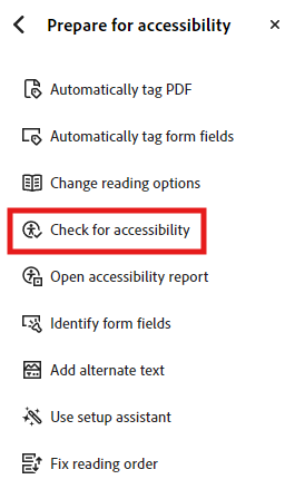 Prepare for accessibility sidebar with "Check for accessibility" option highlighted
