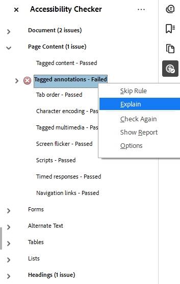 Accessibility checker sidebar with evaluation results. The issue "Tagged annotations - Failed" is right-clicked, showing a pop-up menu with the option "Explain" highlighted.