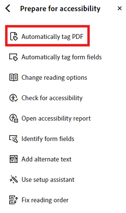 Prepare for accessibility sidebar with option "Automatically tag PDF" highlighted