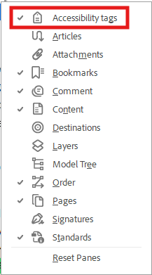 A menu with options for content panels. The Accessibility tags option is highlighted.