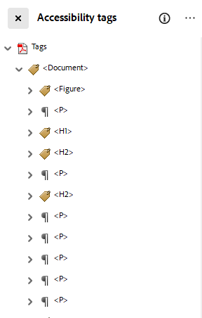 Accessibility tags panel with list of tags