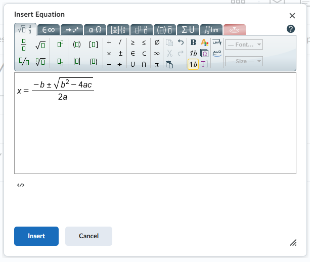 A screenshot of the MathType editor, showing the top ribbon with various mathematical symbols and a preview of the quadratic formula below.