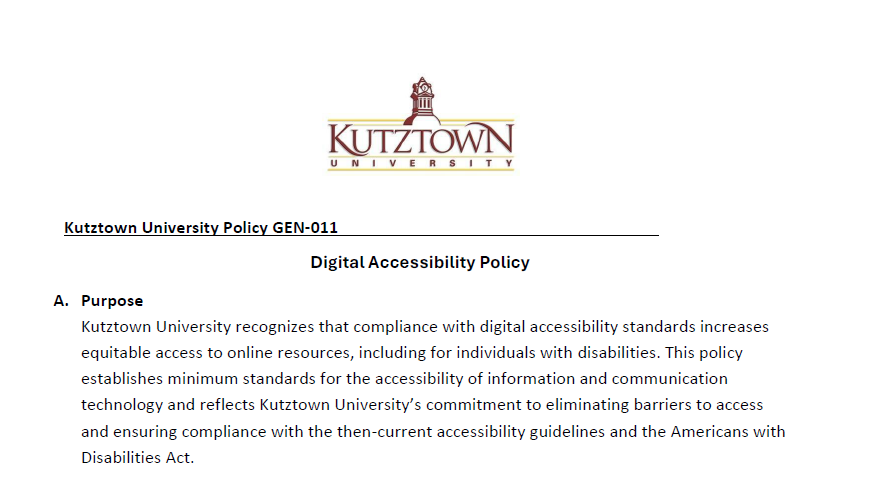 The top portion of the Digital Accessibility Policy PDF from Kutztown University. In the screenshot, there is a KU logo, followed by text, Heading 1 text, Heading 2 text, and paragraph text.