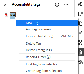 Accessibility tags panel with "Tags" icon right-clicked to show a secondary menu. "New tag" is highlighted in the menu.