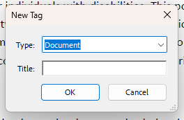 "New Tag" window showing "Document" selected for "Type."