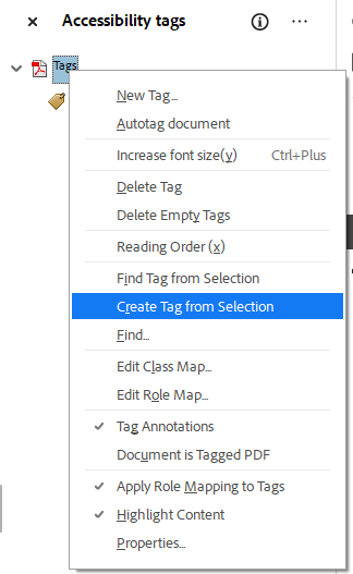 Accessibility tags panel with "Tags" icon right-clicked to show a secondary menu. "Create Tag from Selection" is highlighted in the menu.