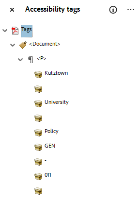 Accessibility tags panel showing the tag tree. The newly created P tag is nested under the Document tag.