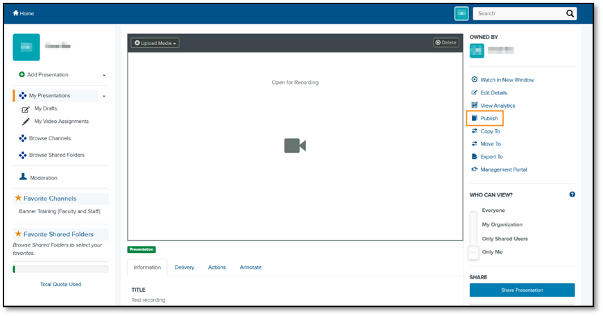 The video details screen provides students with a number of options. Publish on the right sidebar is required to make the video visible to other users.