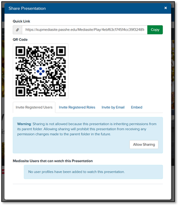 Clicking Share Presentation provides users with a quick link to copy and paste as well as a QR code and options to modify sharing settings.