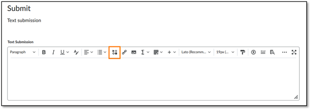 The submission window on D2L features an Insert Stuff button, illustrated as a grid of smaller shapes. It is towards the center of the ribbon.