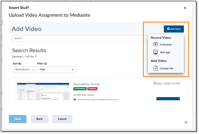 The Add New button is located at the top right and offers options to record a new video or upload an existing file.