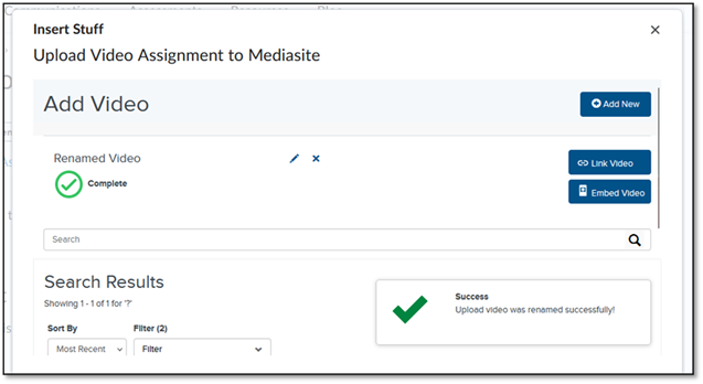 Options to link or embed a video via the Mediasite Insert Stuff tool are visible on the right hand side.