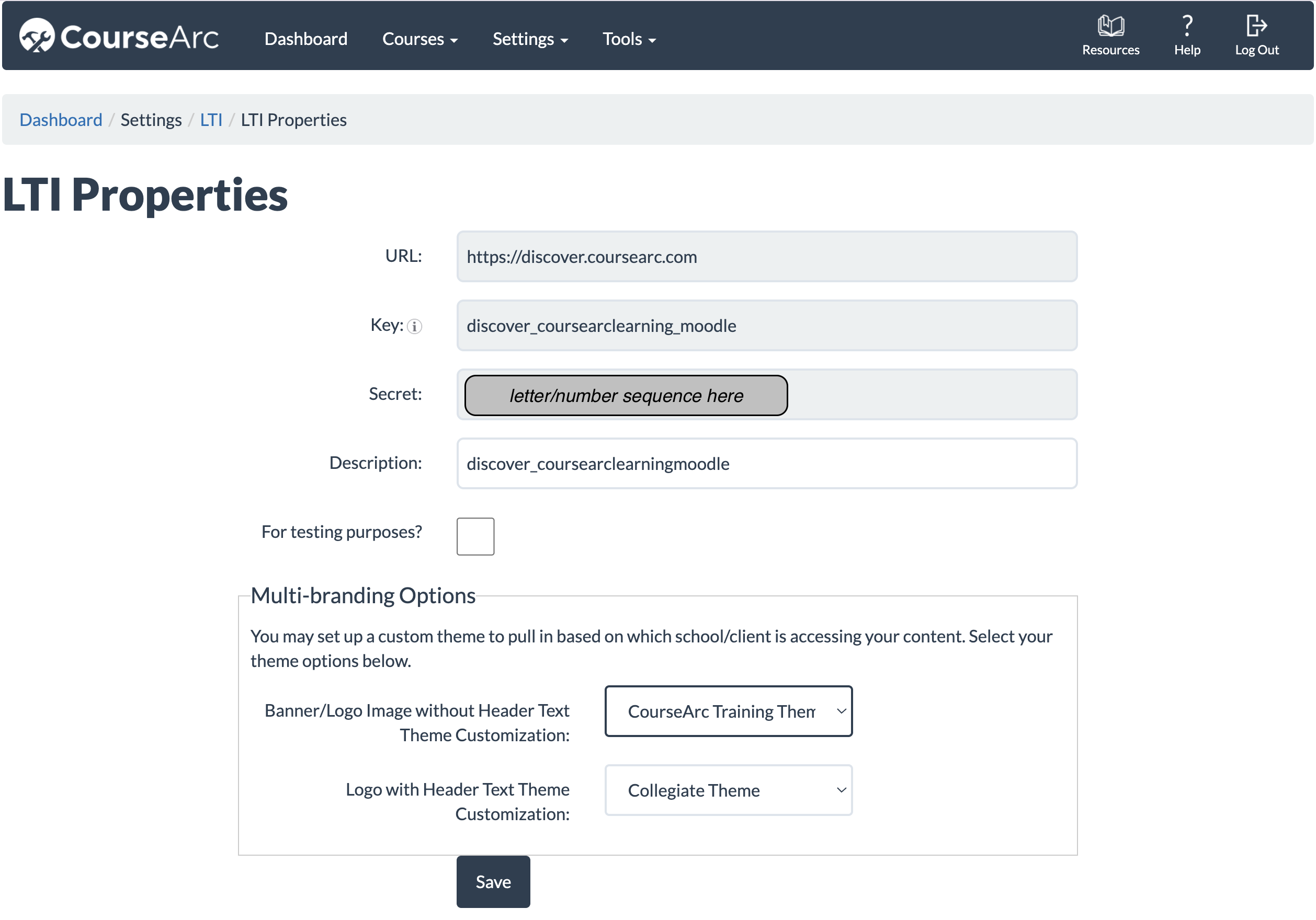 LTI Properties page screenshot with dropdown fields showing to select Theme option for Multi-branding feature.