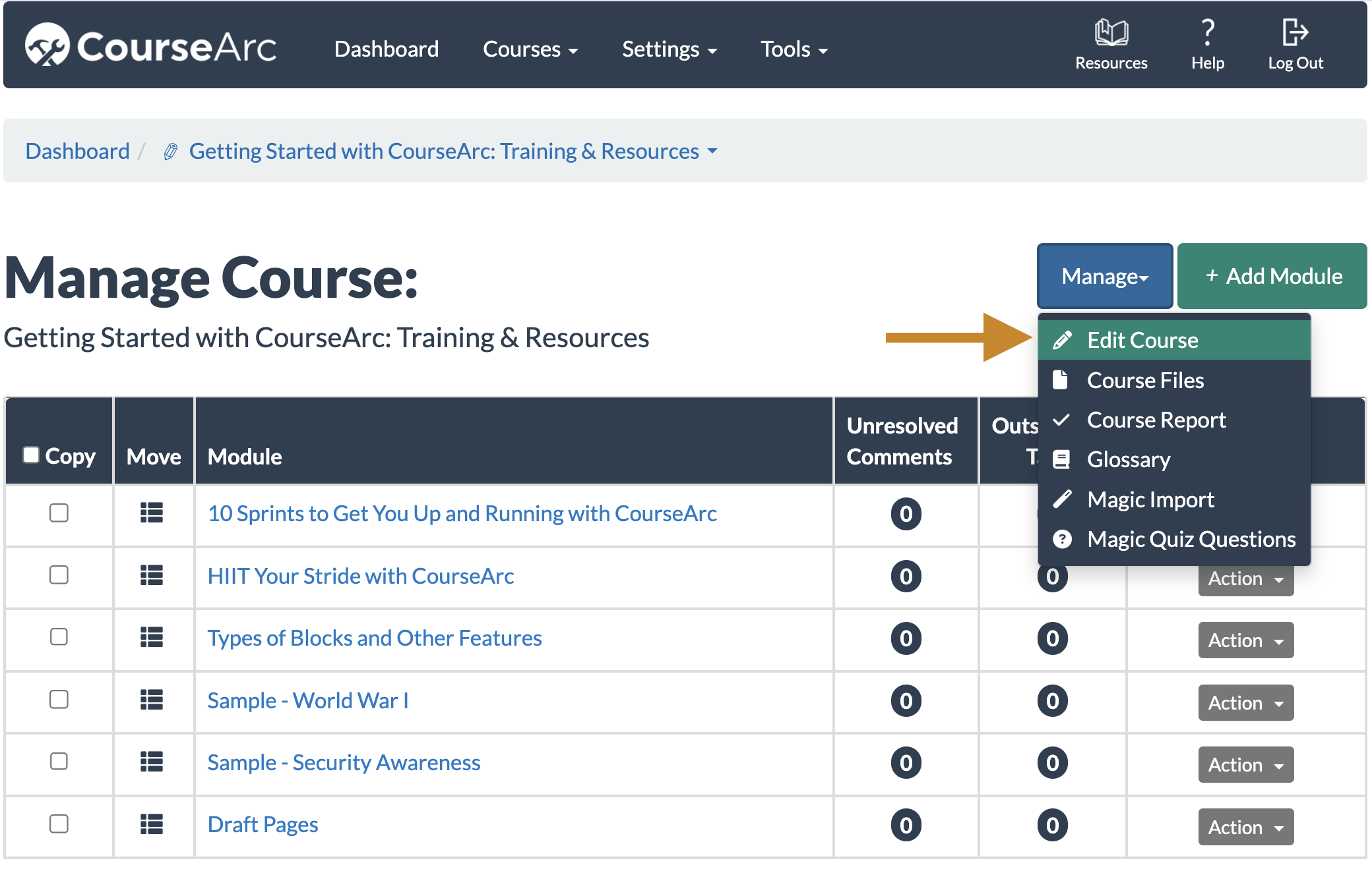 Manage Course page with an arrow pointed at the Edit Course option under the Manage button.