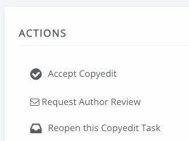The available actions: Accept Copyedit, Request Author Review, or Reopen this Copyedit Task