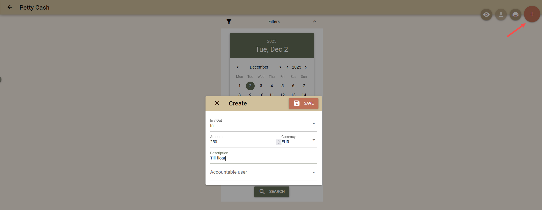 Screenshot of Petty Cash 'Add Transaction' form with fields for Type, Amount, Description, and Accountable User.