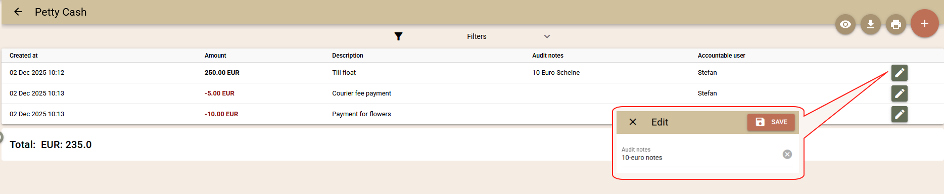 Screenshot showing the editable 'Audit notes' field for a petty cash transaction.