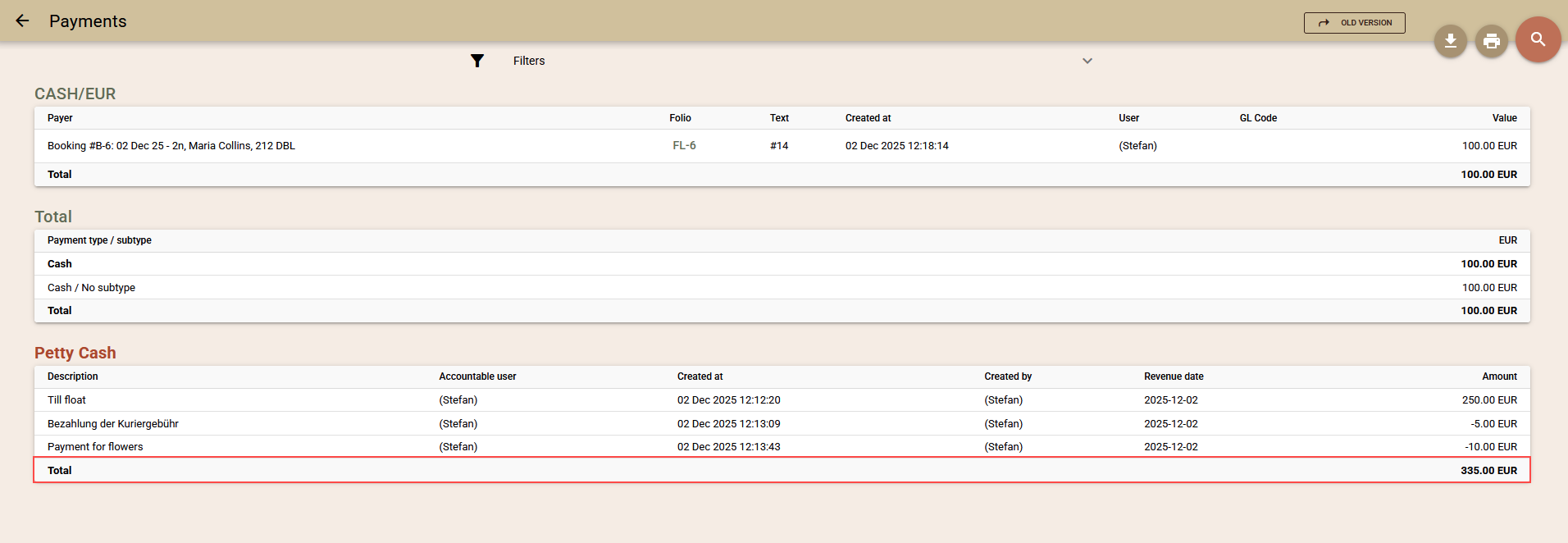 Screenshot of the 'Payments' report showing totals for folio payments and cash register.