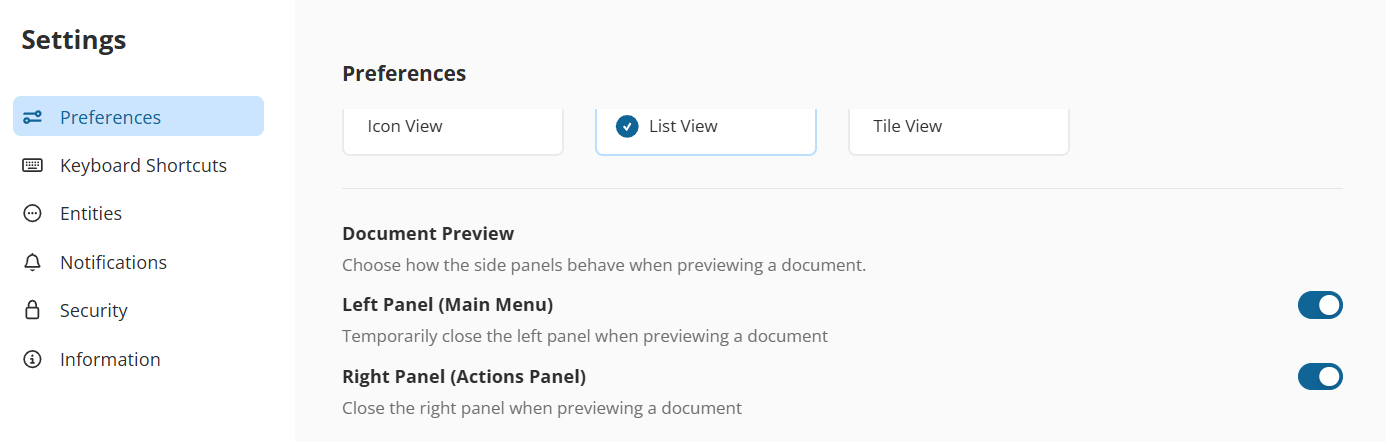 Document Preview Settings Choose how the side panels behave when previewing a document