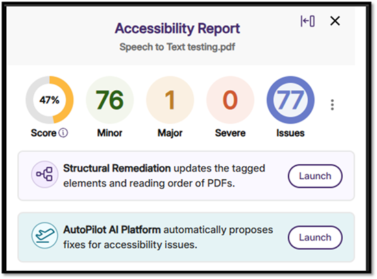 A screenshot of the Accessibility report. It indicates many minor and one major issue, and recommends using Structural Remediation and, below that, AutoPilot AI.