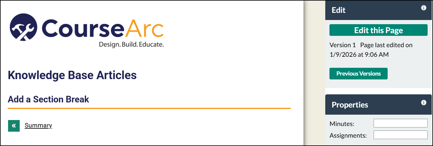Screenshot of Coursearc content page in Instructor view, showing Edit this Page on the right