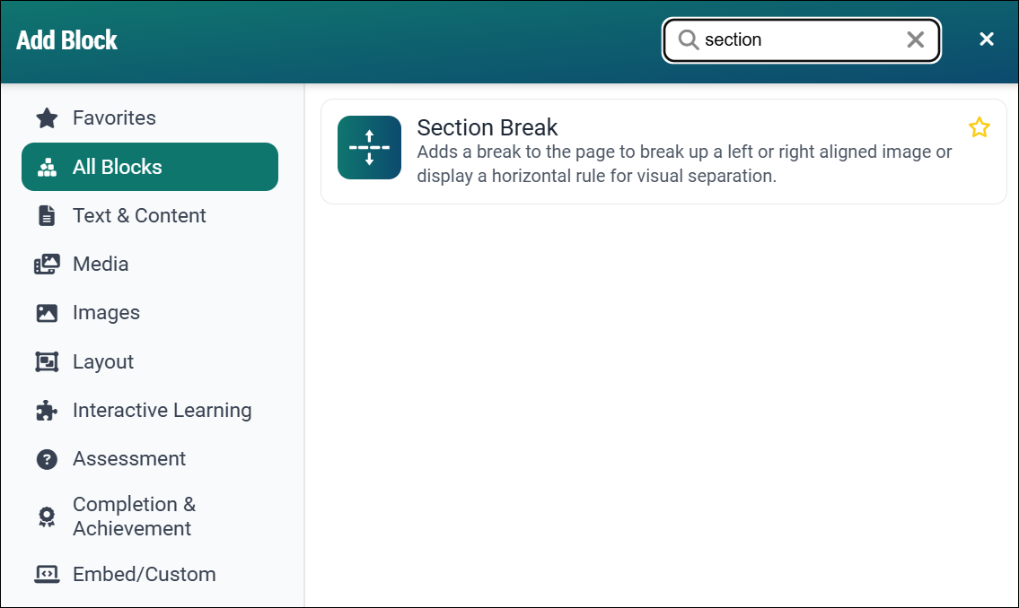 Screenshot of the Add Block modal