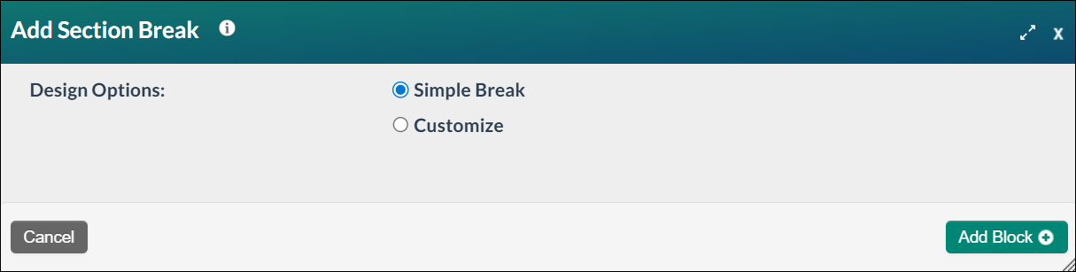 Screenshot of the Add Section Break modal, with the Simple Break button selected