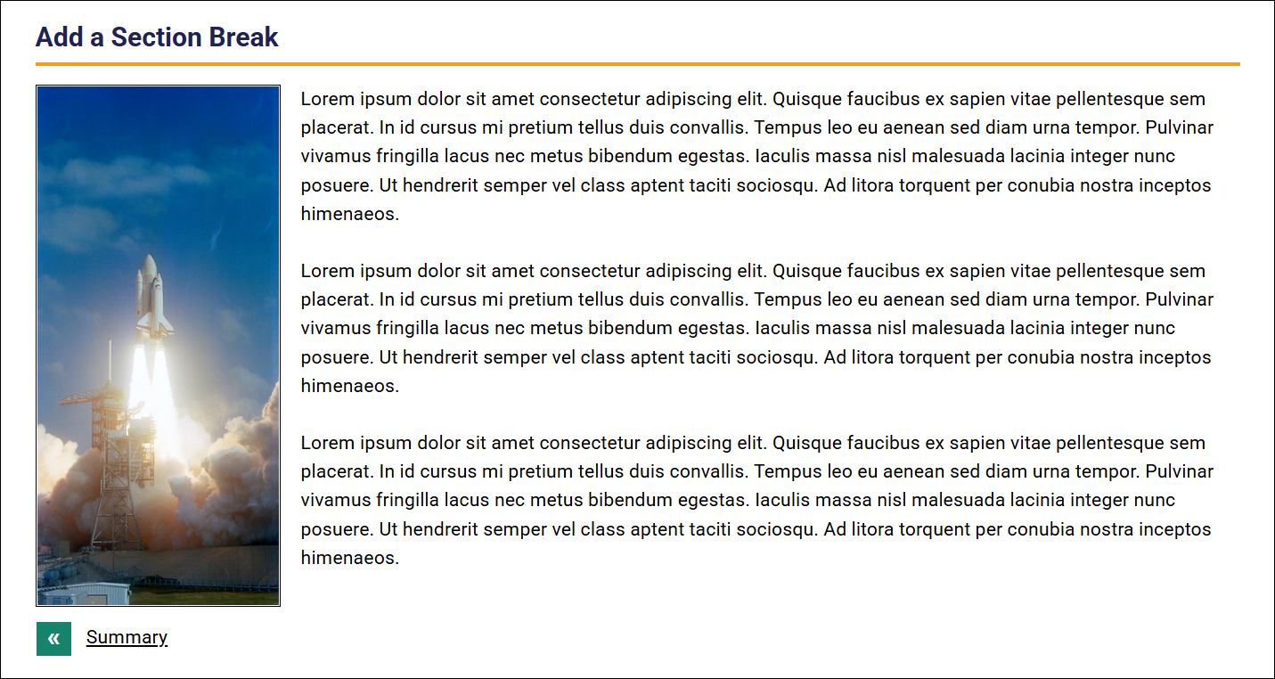 Screenshot of a CourseArc content page with an image on the left and latin, filler text on the right.