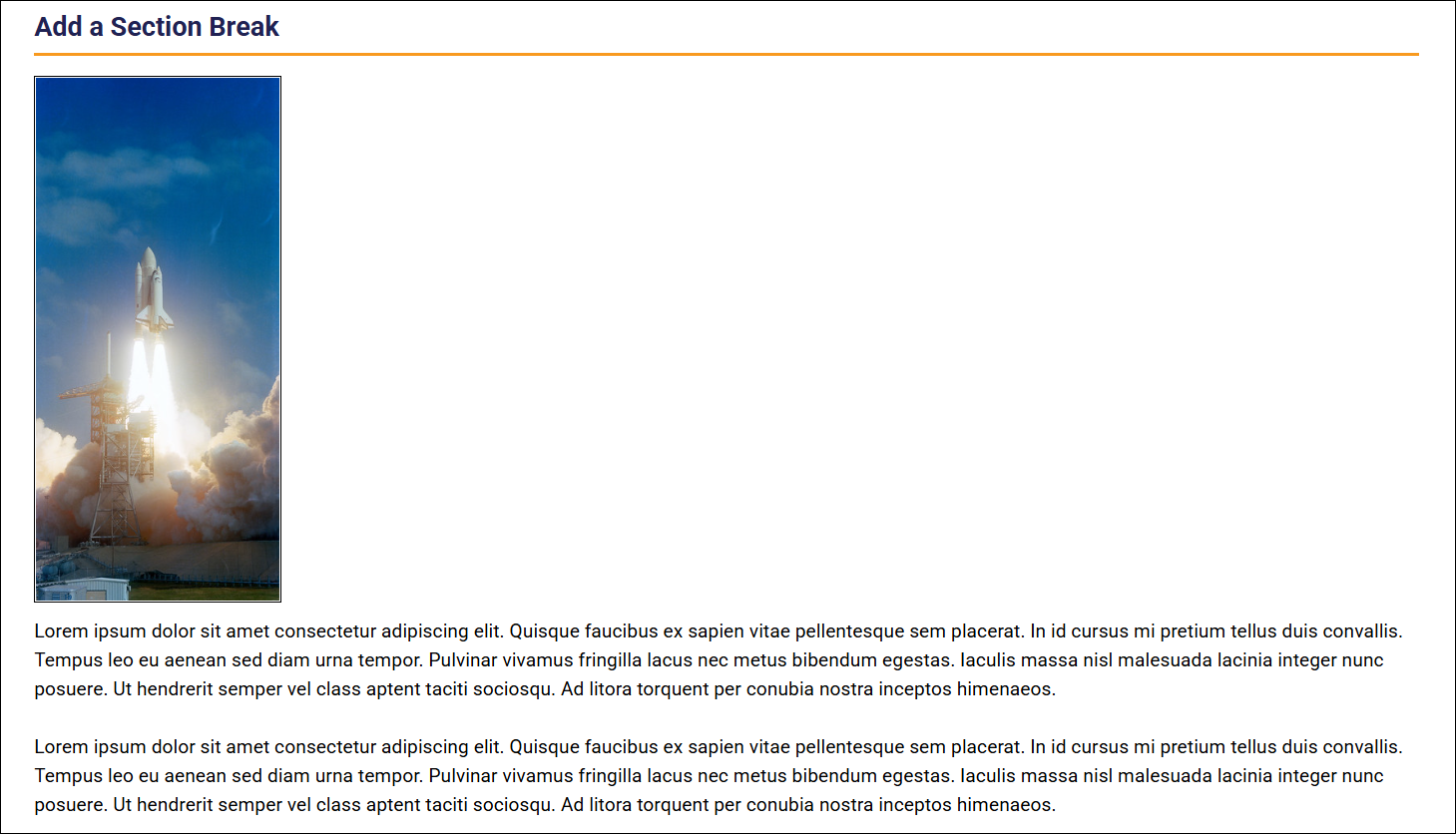 screenshot of CourseArc course page in published view, showing the filler text beneath the image.