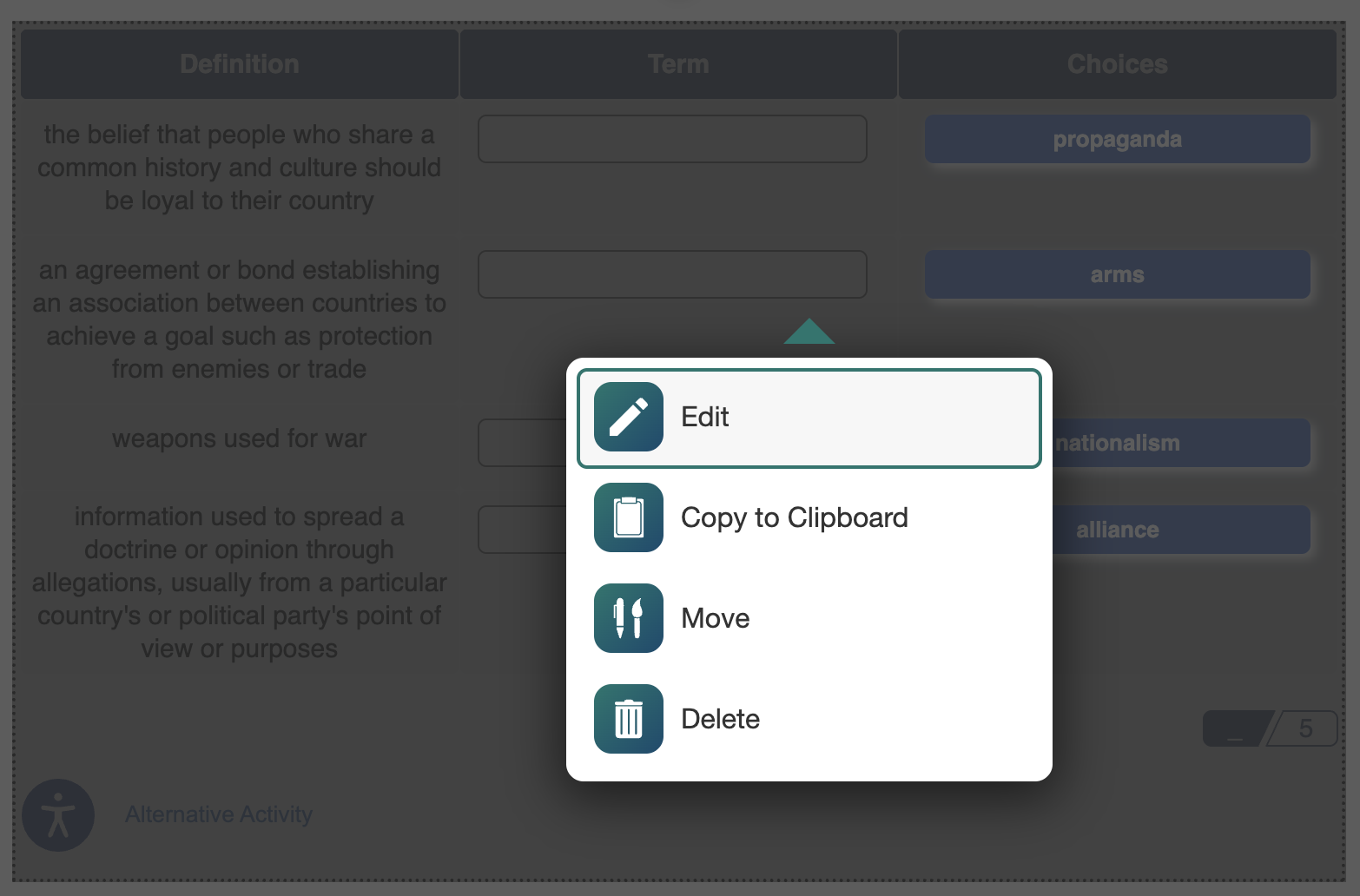 Screenshot of the grayed out content block and the pop-up menu for users to select Edit, Copy to Clipboard, Move, Delete, or Design
