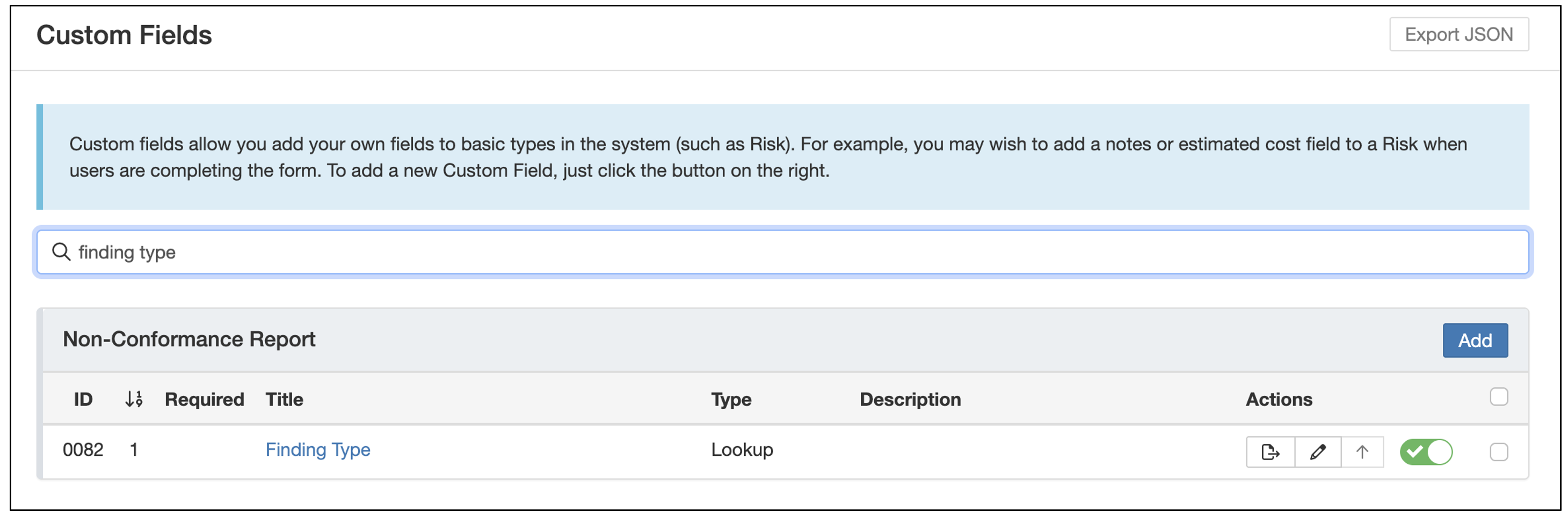The Custom Fields page in Admin, with a lookup field found through the search bar.